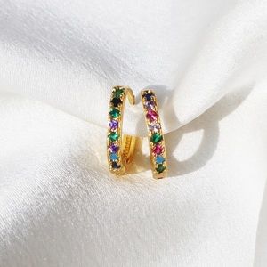 14K Yellow Gold Multi-Colored Rainbow Diamond Huggie Hoops